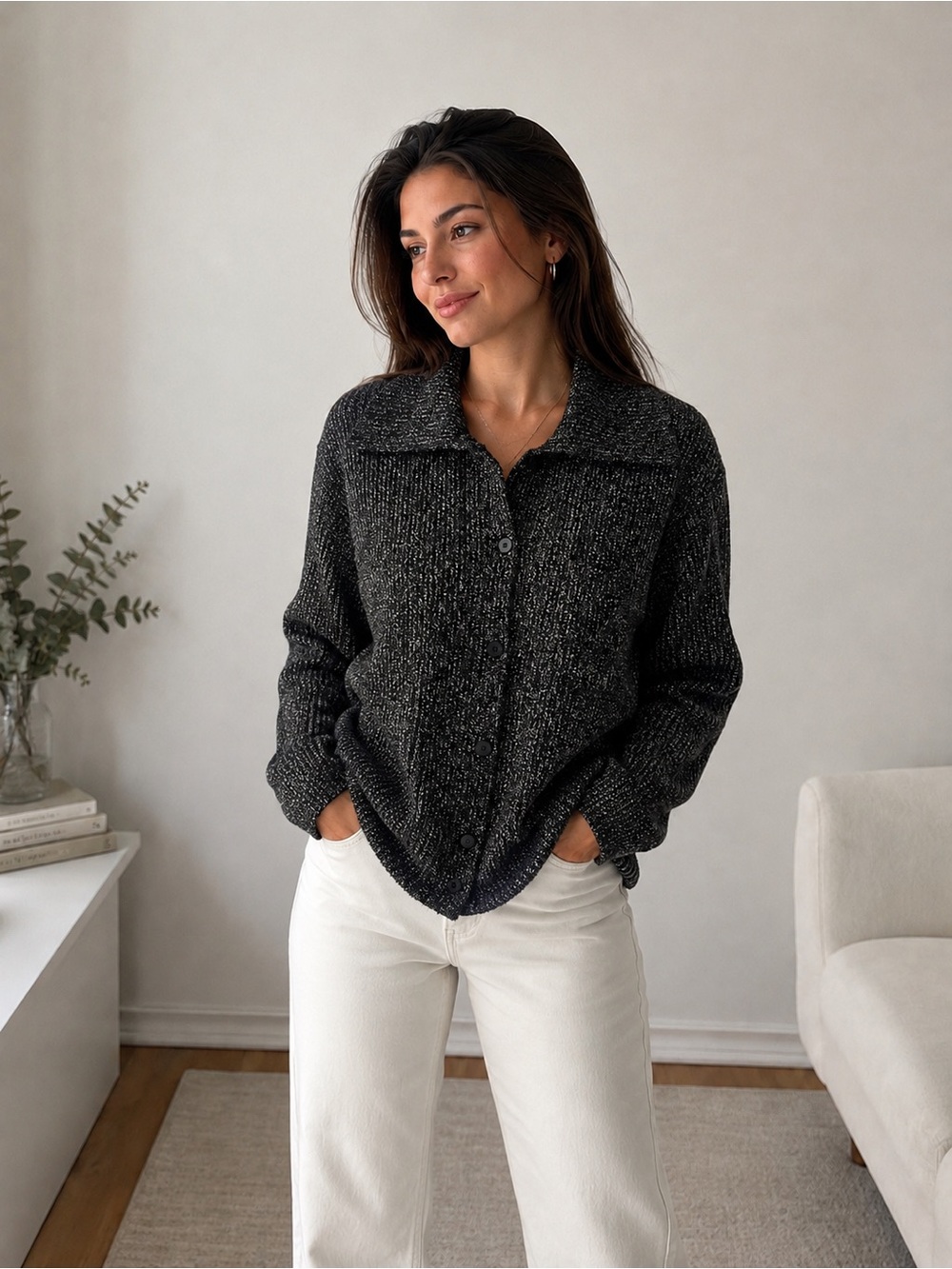 Zara Button-Front Charcoal Black Cardigan with Metallic Sparkle